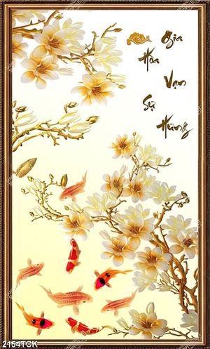 Tranh in canvas những cành hoa mộc lan và cá chép