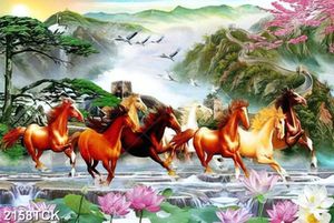 Tranh đàn ngựa phi trên thác nước đầy hoa sen in 5d
