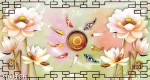 Tranh những bông hoa sen hồng giả ngọc và cá chép
