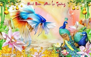 Tranh sơn dầu trang trí đôi chim công bên cá chép