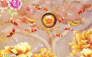 Tranh cá chép bên những bông hoa sen dáp vàng in 5d