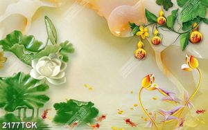 Tranh bông hoa sen trắng giả ngọc bên những trái bầu
