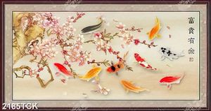 Tranh nghệ thuật hoa sen và đàn cá chép dưới hoa đào