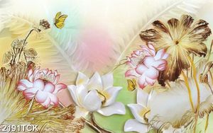 Tranh những bông hoa sen trắng giả ngọc bên chú bướm