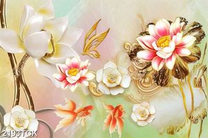 Tranh decor hoa sen và đàn cá chép giả ngọc trong đầm