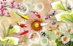 Tranh những bông hoa sen trắng bên đàn cá chép vàng