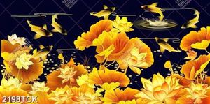 Tranh sơn dầu trang trí những bông hoa sen và cá chép