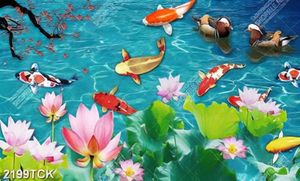 Tranh in canvas đàn cá chép và đôi chim bên hồ sen