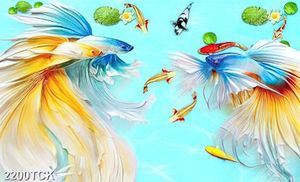 Tranh nghệ thuật hoa sen và đàn cá chép vẩy đuôi xinh đẹp