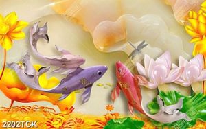Tranh giả ngọc hoa sen hồng và đàn cá chép xinh đẹp