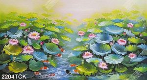 Tranh sơn dầu đầm hoa sen bạt ngàn hoa và lá in tường