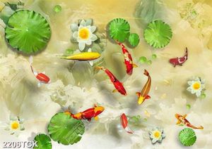 Tranh những bông hoa sen trắng và đàn cá chép vàng