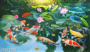 Tranh hồ sen hồng bên đàn cá chép bơi tung tăng sơn dầu