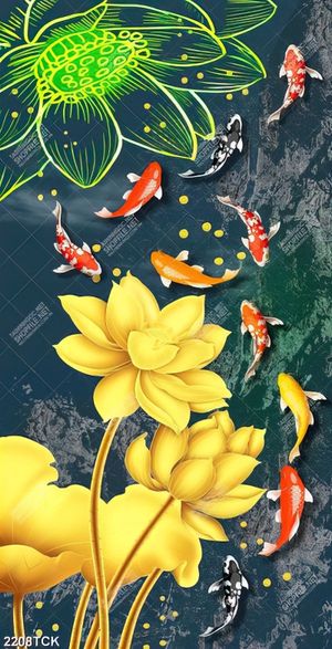 Tranh decor hoa sen vàng và đàn cá chép bơi tung tăng