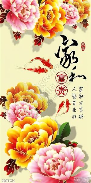Tranh hoa sen, cá chép thư pháp tranh trí