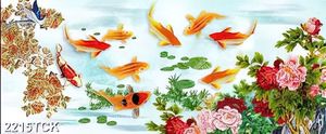 Tranh in uv chú chim ri bay lượn trên hồ cá chép vàng