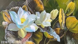 Tranh bông hoa sen trắng và những chiếc lá úa vàng in 3d