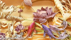 Tranh nghệ thuật hoa sen và đàn cá chép giả ngọc xinh đẹp