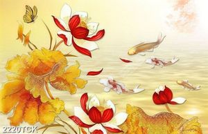 Tranh in tường đầm hoa sen vàng bên đàn cá chép bơi lội