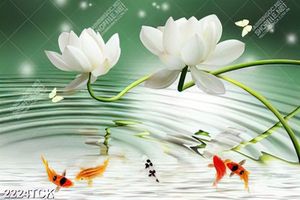 Tranh những bông hoa sen trắng bên hồ cá chép vàng