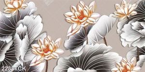 Tranh in canvas bông hoa sen dáp vàng trên nền xám
