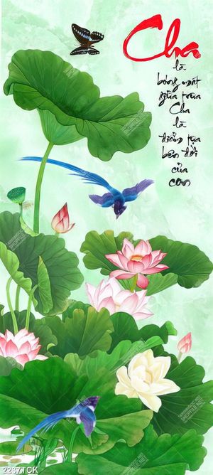 Tranh cá chép bên những bông hoa sen hồng và chim ri