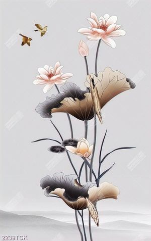 Tranh giả ngọc hồ cá chép bên hoa sen hồng in tường