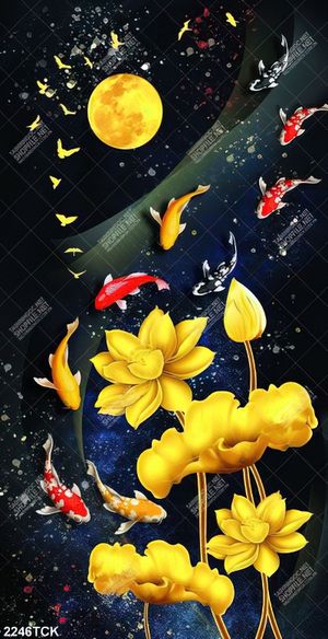 Tranh dáp vàng bông hoa sen lấp lánh trong đêm in 3d