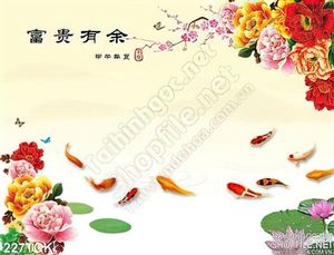 Tranh hoa sen, cá chép thư pháp