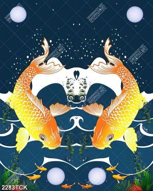 Tranh hai chú cá chép vàng dưới ánh trăng trang trí tường