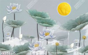 Tranh những bông hoa sen trắng dưới ánh trăng vàng