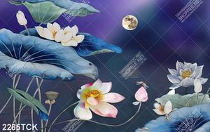 Tranh ánh trăng tròn soi sáng hồ hoa sen dán tường