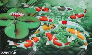 Tranh sơn dầu đàn cá chép vàng trong hồ hoa sen in 3d