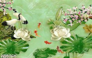 Tranh in tường những chú chim hạc bên hồ hoa sen trắng