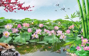 Tranh cành hoa đào trên hồ cá chép vàng và sen hồng