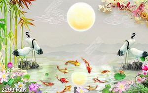 Tranh bông hoa sen cá chép dưới ánh trăng vàng giả ngọc