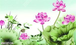 Tranh decor hoa sen hồng và đàn cá chép bơi tung tăng