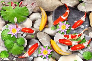 Tranh đàn cá chép vàng trong làn nước trong vắt in 3d