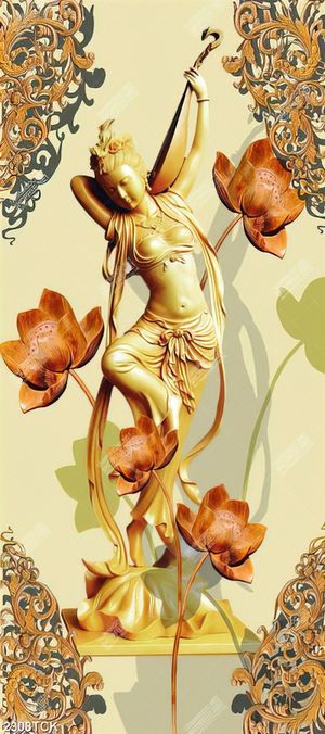 Tranh in canvas nữ thần bên những bông hoa sen khắc gỗ