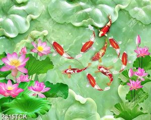 Tranh bông hoa sen hồng khoe sắc cùng đàn cá chép