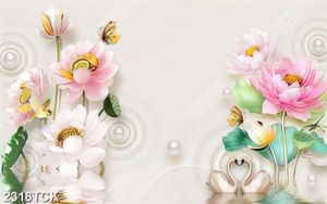 Tranh bông hoa sen chen chúc lá trong hồ thiên nga