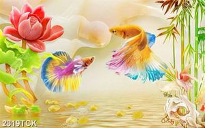 Tranh hồ hoa sen hồng khoe sắc và chú cá sim betta psd