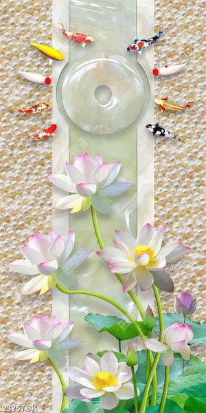 Tranh in tường đầm hoa sen và đàn cá chép nhiều mà sắc