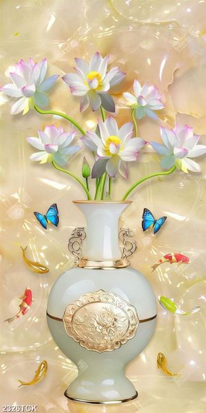 Tranh giả ngọc bình hoa sen hồng và chú bướm xanh