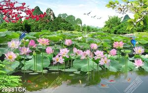 Tranh in canvas cành hoa anh đào bên hoa sen khoe sắc