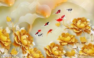 Tranh những bông hoa mẫu đơn bên cá chép khắc gỗ
