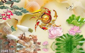 Tranh tranh hoa sen cá chép bên cành thông giả ngọc