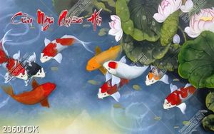Tranh in uv đàn cá chép vàng bơi dưới hồ sen sơn dầu