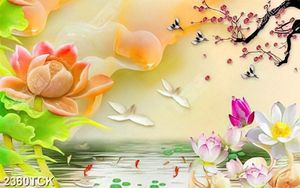 Tranh những bông hoa sen màu hồng giả ngọc trong hồ