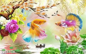 Tranh bông hoa sen trắng giả ngọc bên chú cá sim betta
